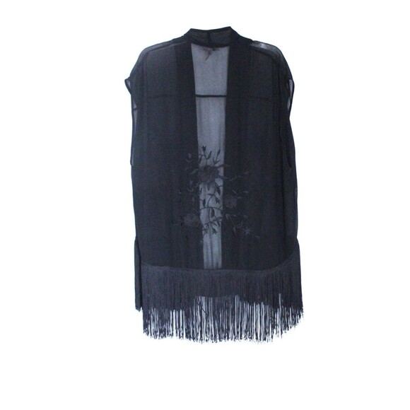 Vintage Lucy Paris Fringed Vest Woman's Size L Floral Appliques Sheer Black - Picture 1 of 4